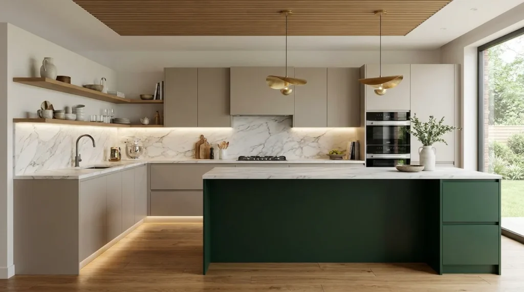 Modern kitchen with white upper cabinets and natural wood lower cabinets