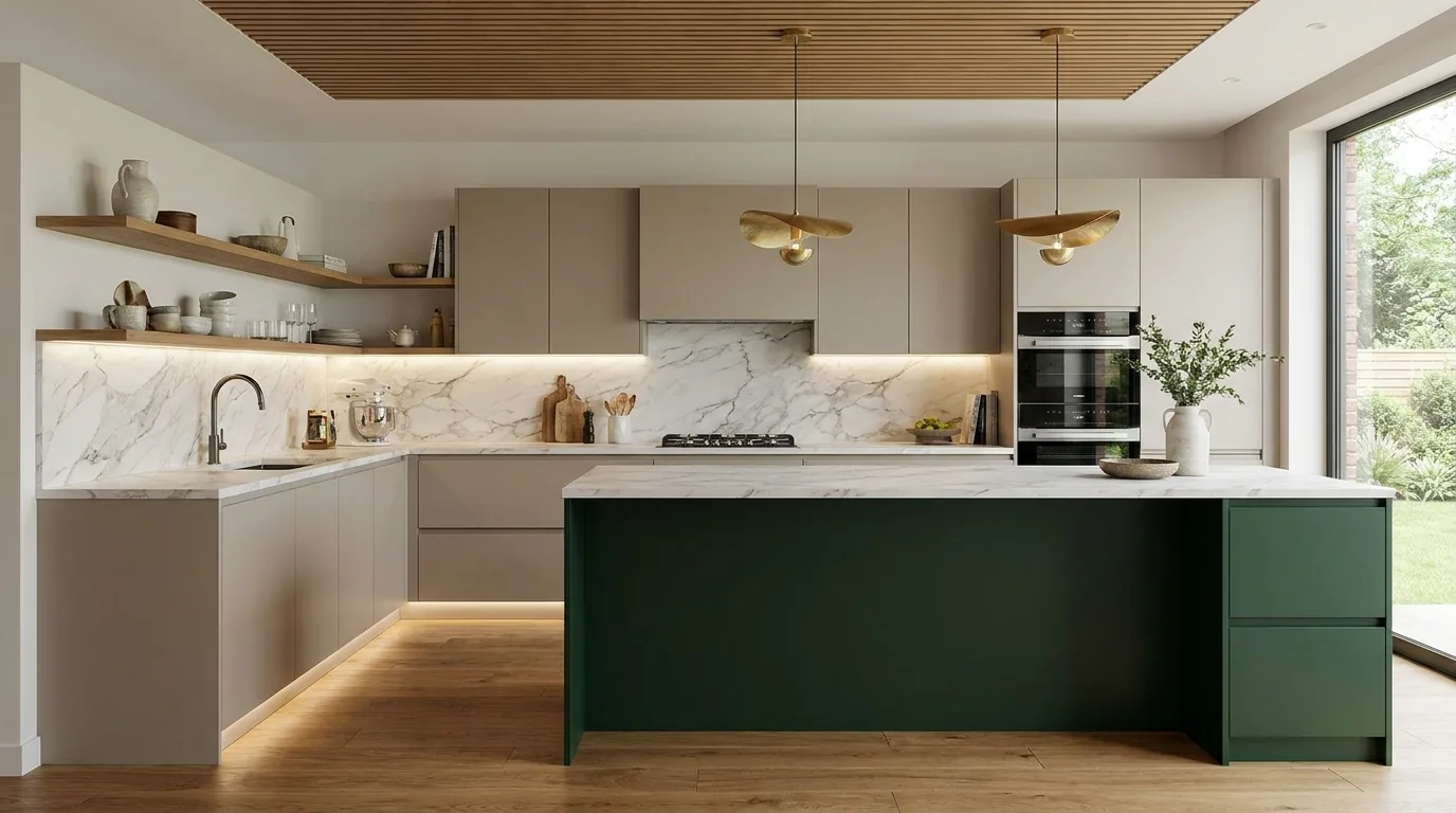 Modern kitchen with white upper cabinets and natural wood lower cabinets