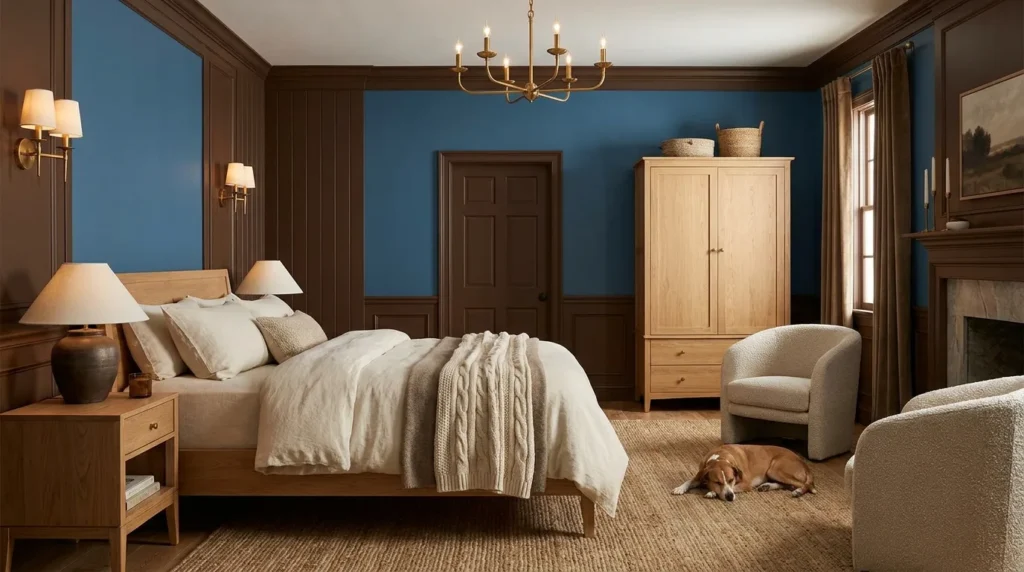 Navy blue and crisp white bedroom walls with elegant neutral decor