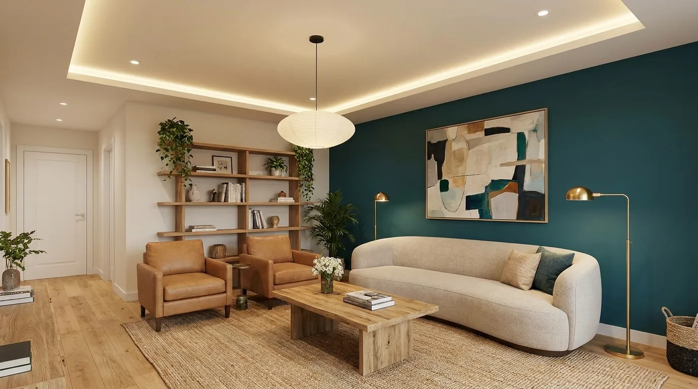 Modern living room with a white POP ceiling, warm beige walls, and recessed lighting