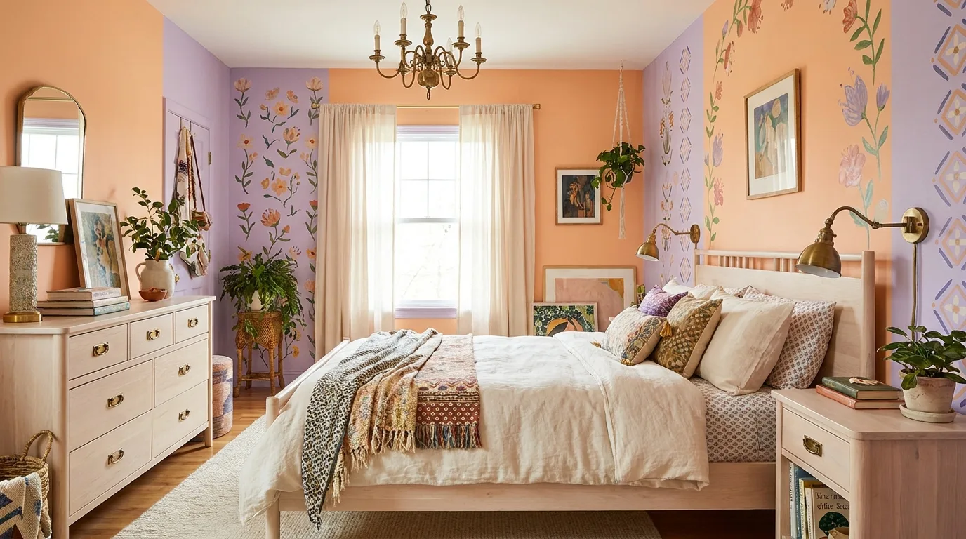 Warm orange and cream bedroom walls with light wood furniture and neutral bedding