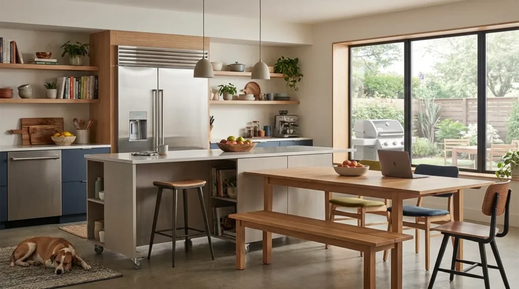 Modern home kitchen with a refrigerator representing an affordable rental appliance option
