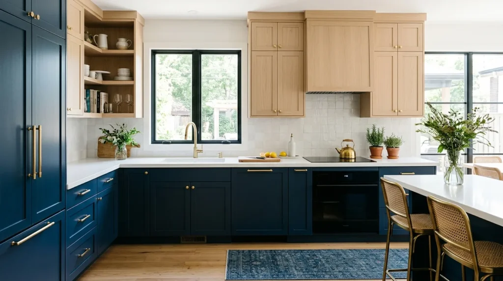 White upper cabinets paired with warm natural wood laminate in a modern kitchen