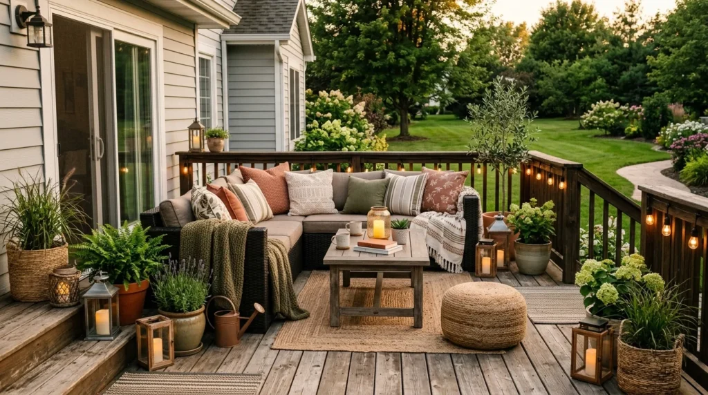 Simple ground-level backyard deck with affordable furniture and greenery