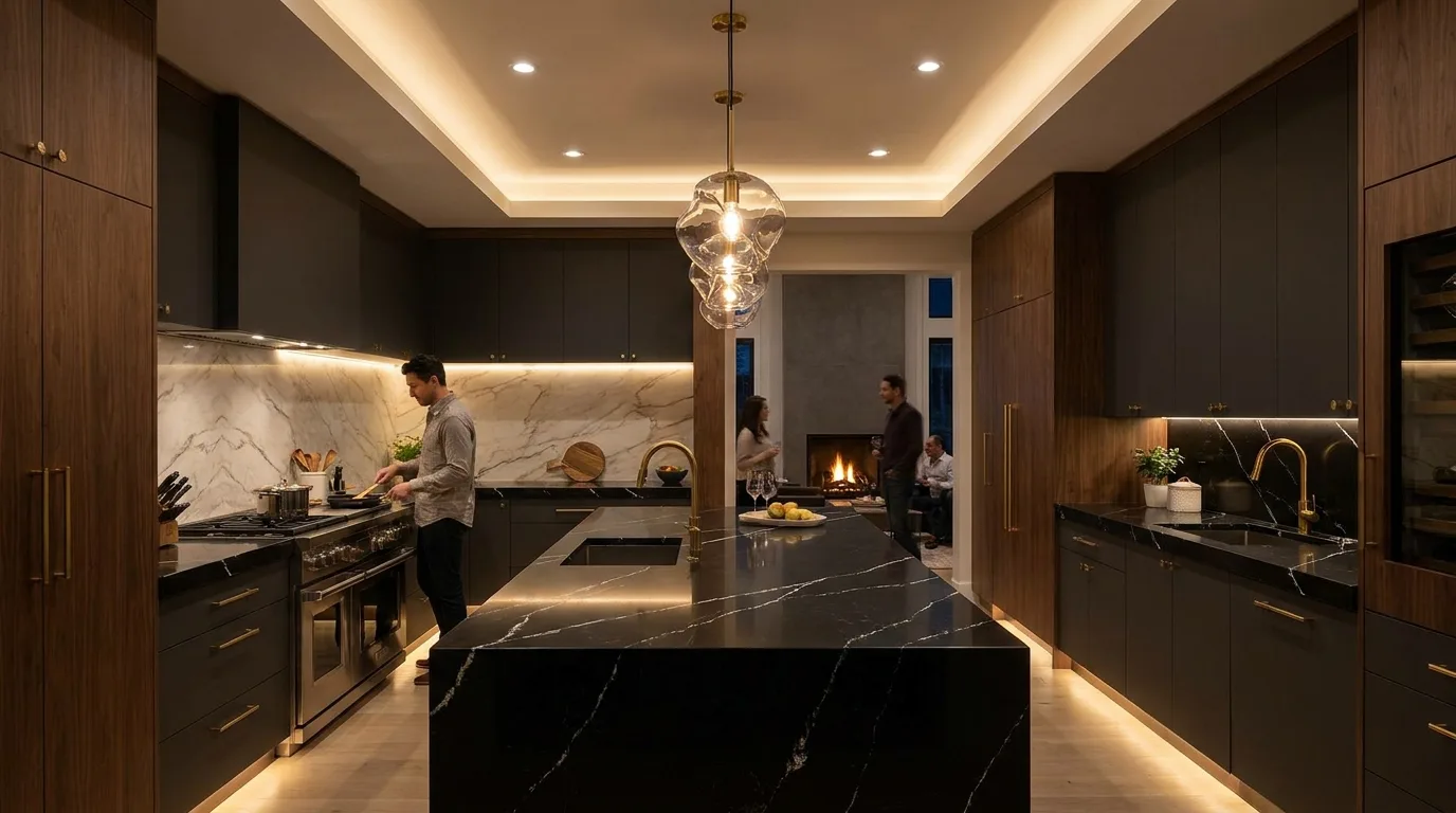 Modern white kitchen with contrasting black quartz countertops