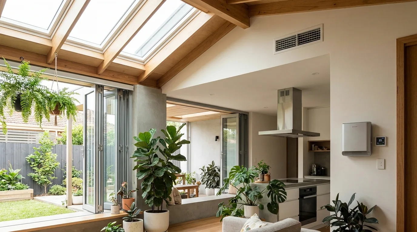 Modern living room using an open skylight and lower windows for natural airflow