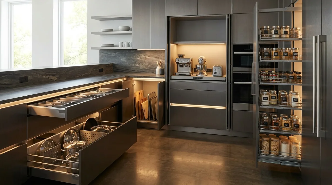 Modern kitchen with matte black aluminium cabinets and a light quartz countertop