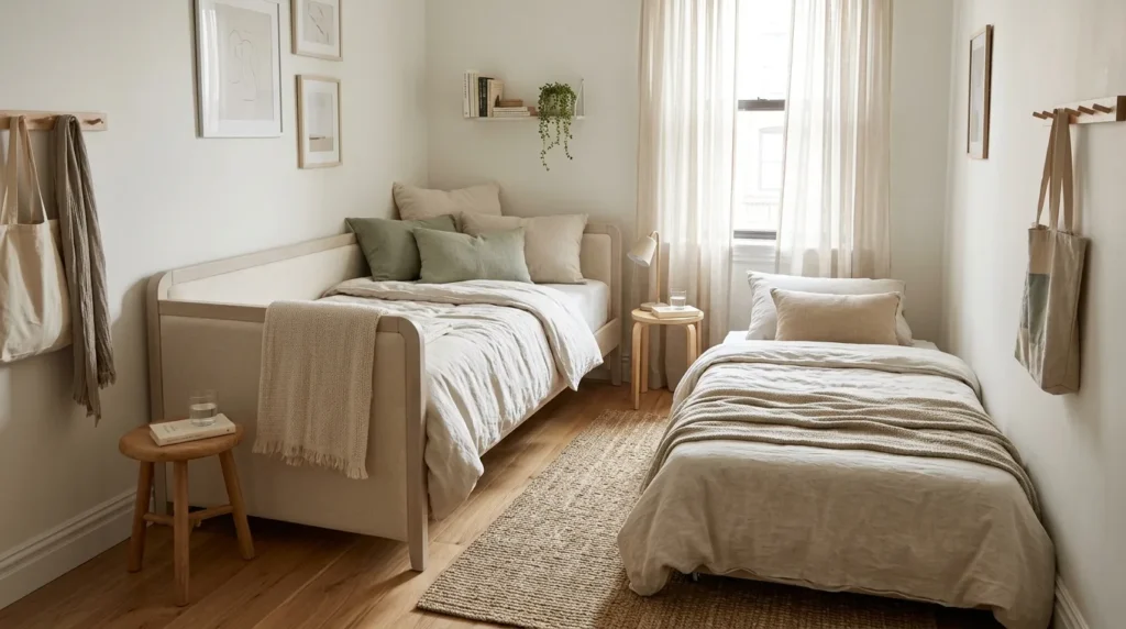 Small shared bedroom with stylish wooden bunk beds and open floor space