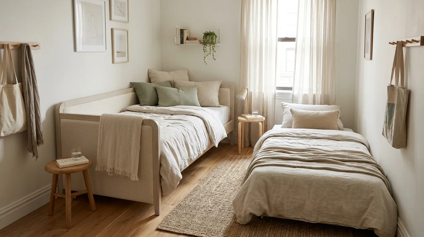 Small shared bedroom with stylish wooden bunk beds and open floor space