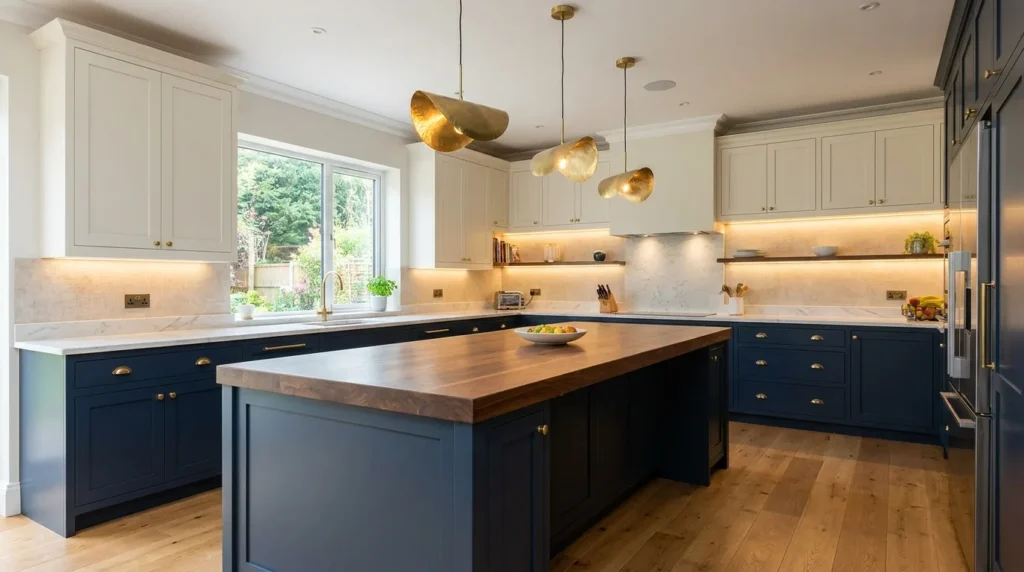 Modern kitchen with a white quartz slab and subtle gray veining