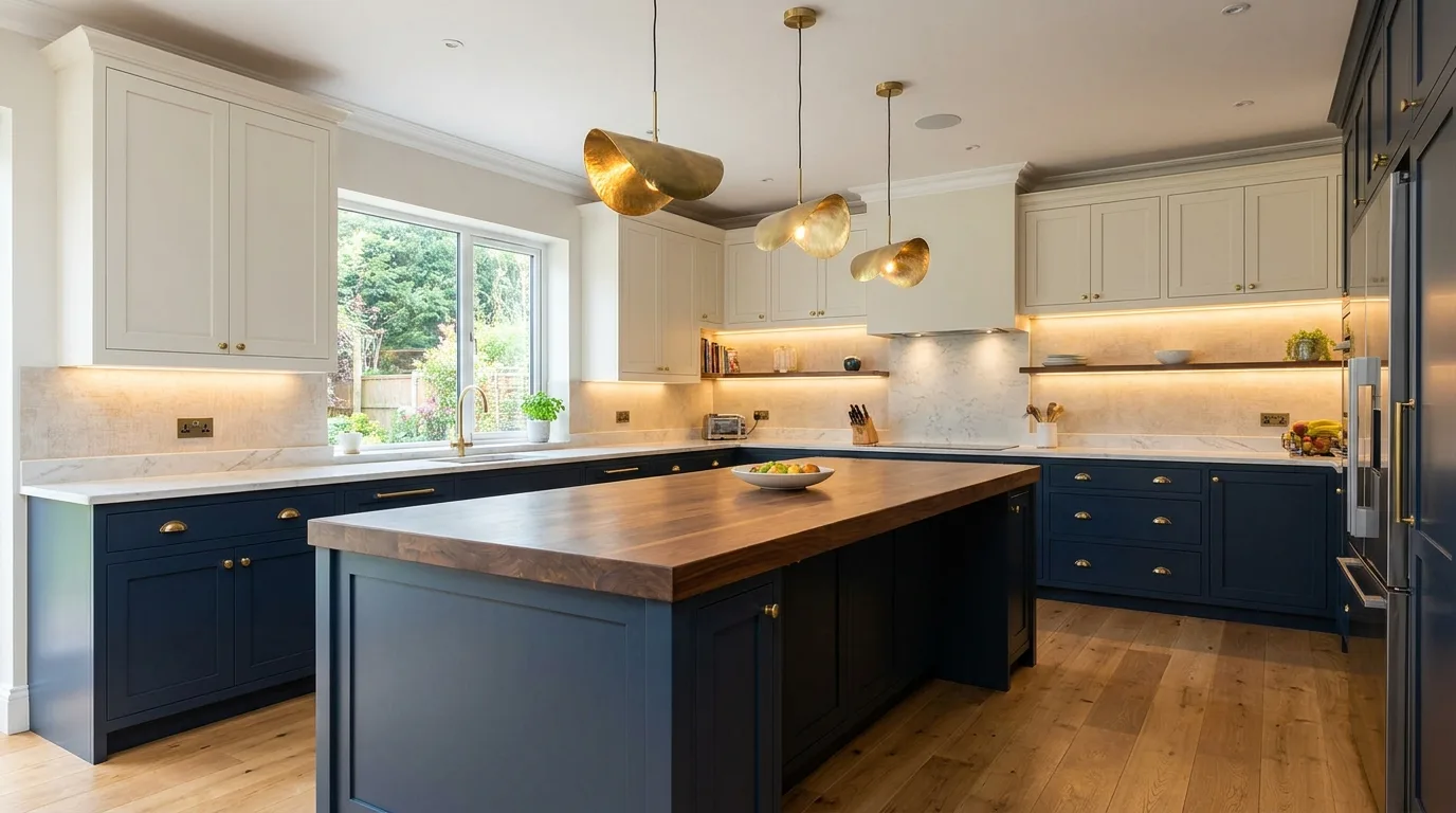Modern kitchen with a white quartz slab and subtle gray veining
