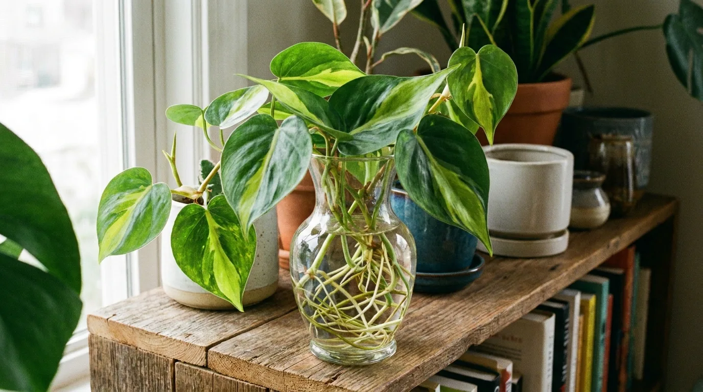 Lucky bamboo growing in a clear glass vase indoors