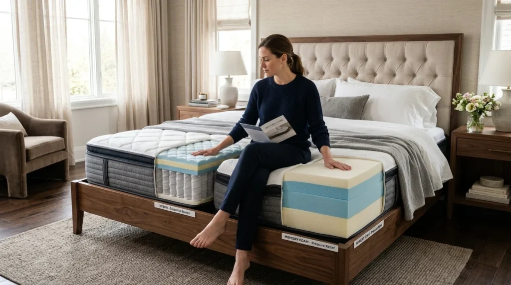 Hybrid and memory foam mattresses compared side by side in a modern bedroom