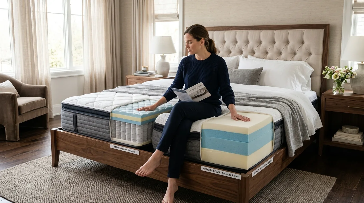 Hybrid and memory foam mattresses compared side by side in a modern bedroom