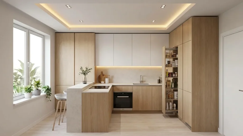 Modern kitchen with a simple gypsum false ceiling border and recessed LED lighting