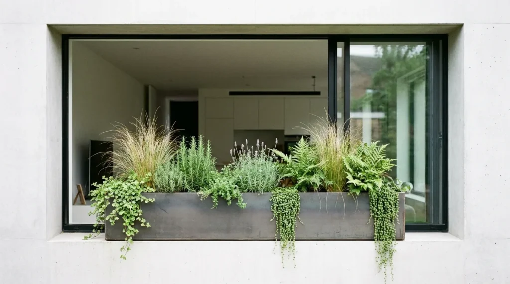 Cottage-style window box overflowing with colorful flowers