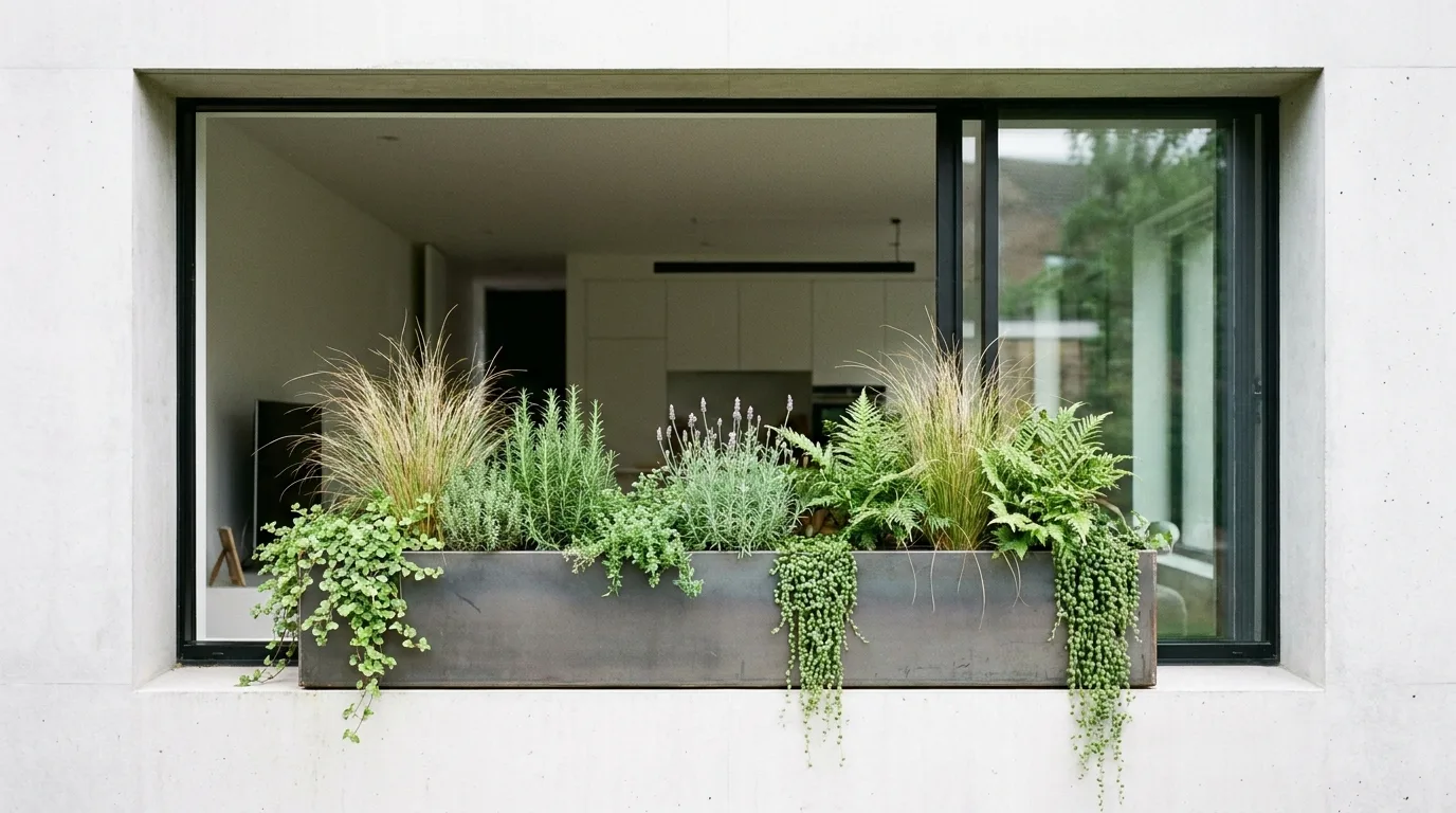 Cottage-style window box overflowing with colorful flowers