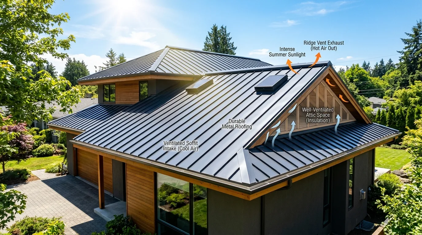 Professional roofer inspecting shingles and flashing on a residential roof