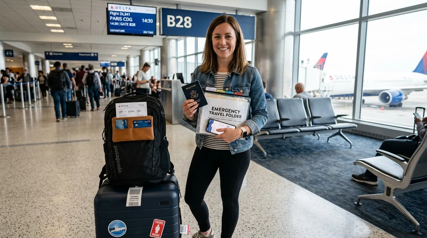 Traveler checking passport and documents before an international trip