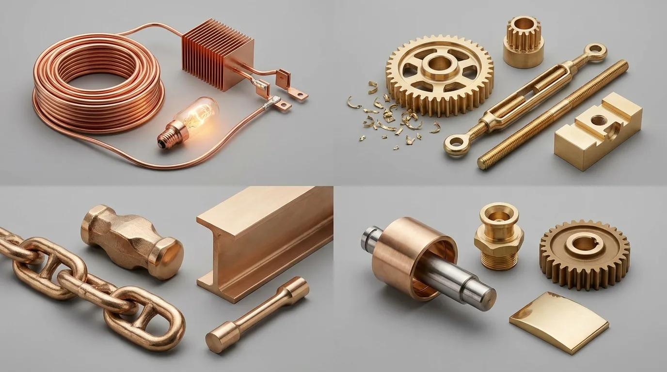 Copper, brass, and bronze metal samples shown side by side