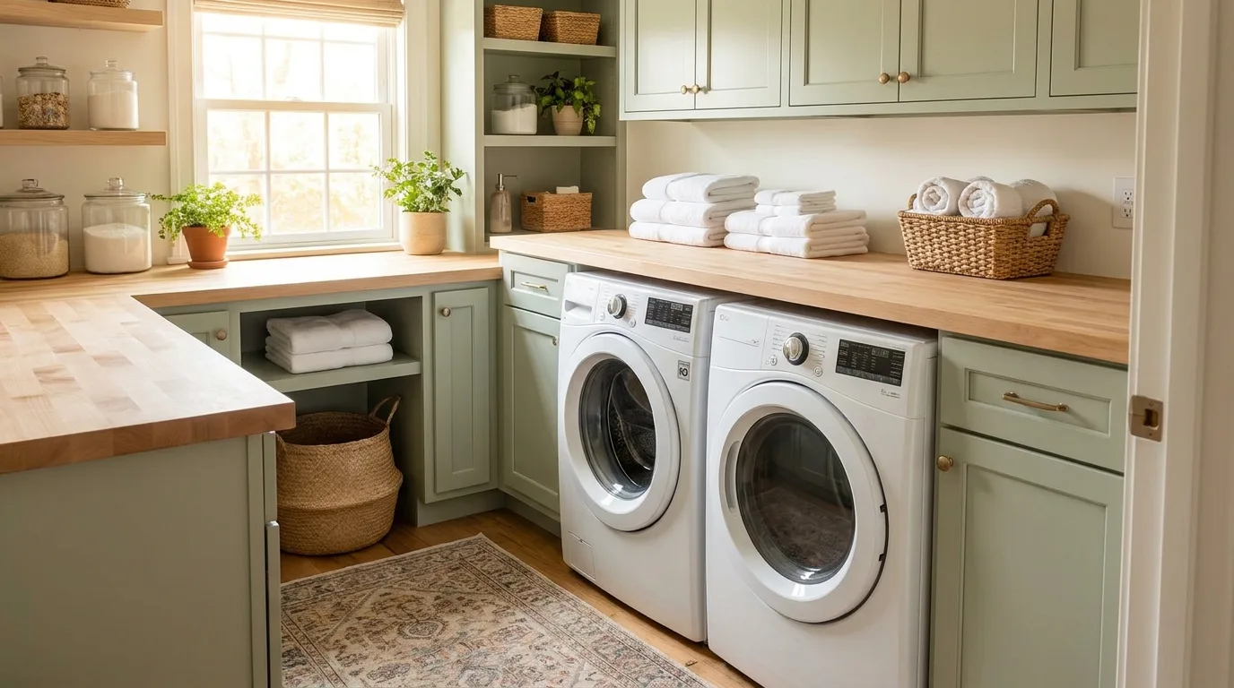 Laundry room with floating shelves above washer and dryer