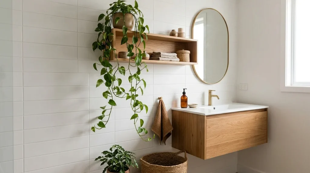 Tall leafy plant in a ceramic planter decorating a bright bathroom corner