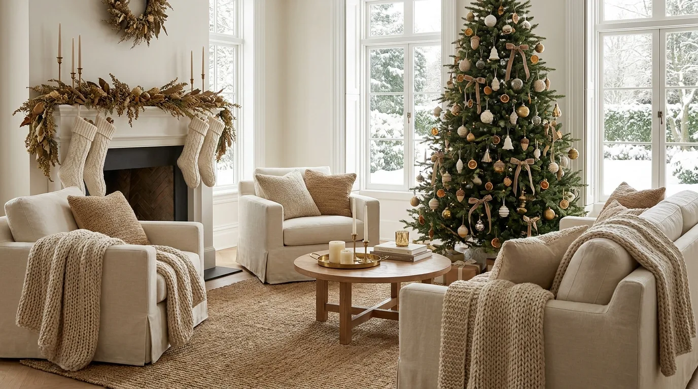 Modern Christmas living room decorated in neutral cream, beige, wood, and subtle metallic accents