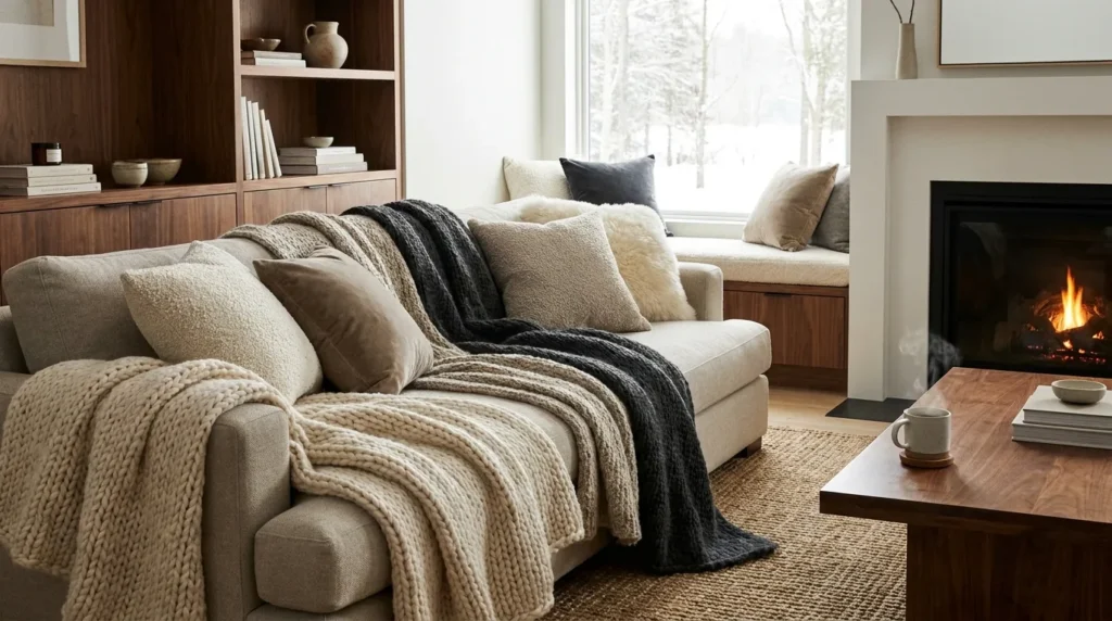 Cozy winter living room with layered knit throws and neutral furnishings