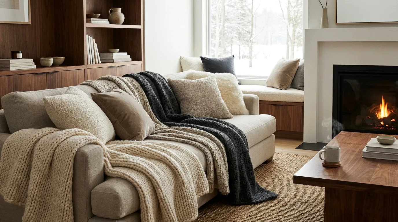 Cozy winter living room with layered knit throws and neutral furnishings