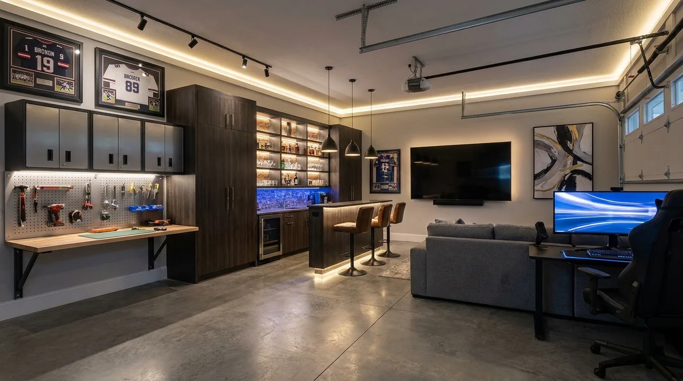Garage sports lounge with large TV, sectional sofa, sports memorabilia, and warm lighting