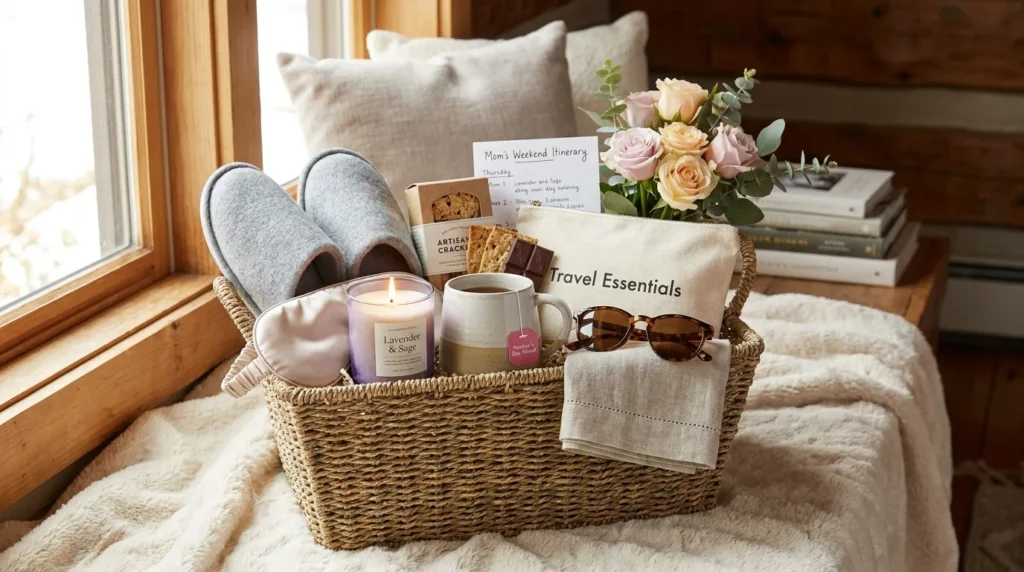 DIY Mother’s Day spa basket with bath salts, candle, lotion, towel, slippers, and a heartfelt card