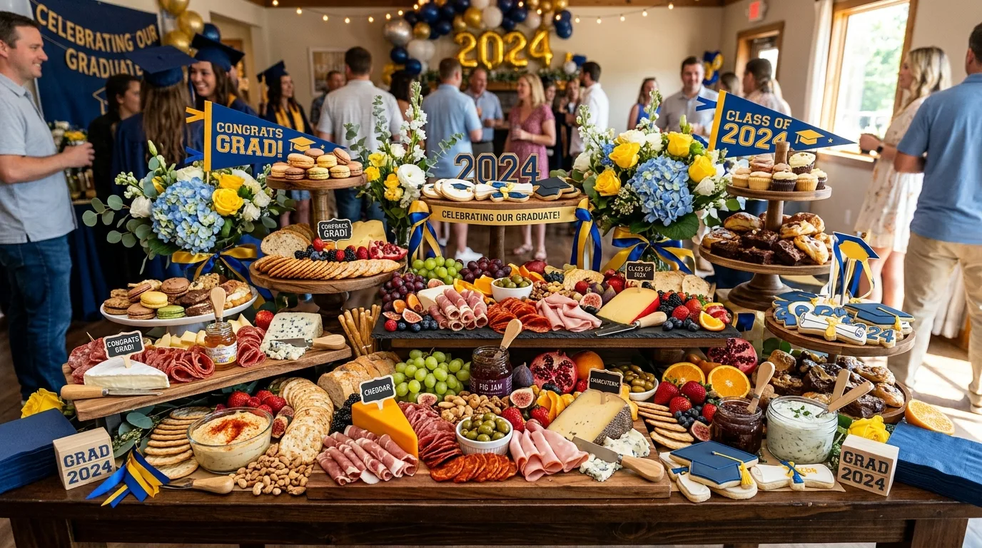 Classic graduation charcuterie board with cheeses, meats, crackers, fruit, olives, nuts, and festive details