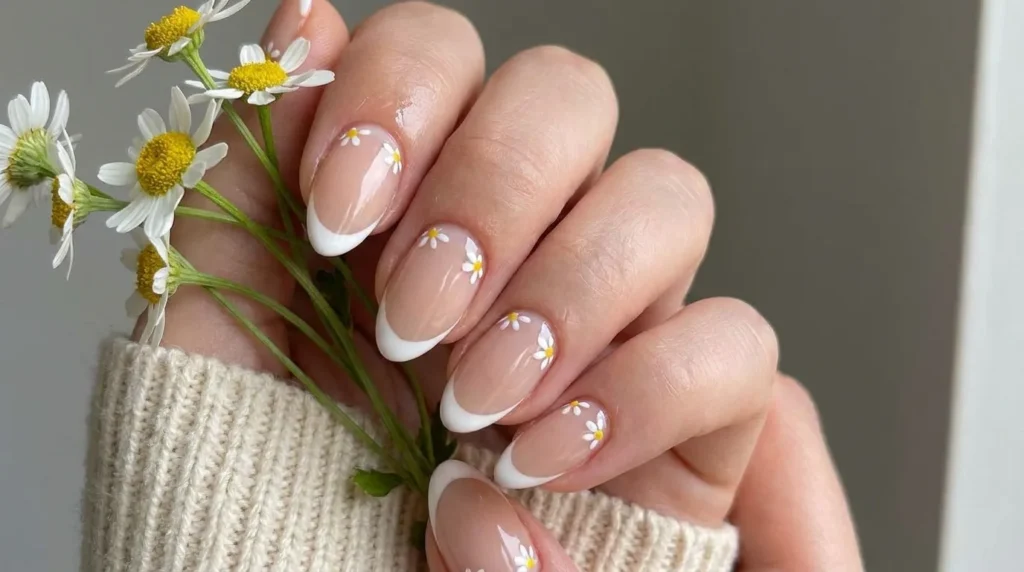 Tiny white daisy floral nails on a sheer milky nude base