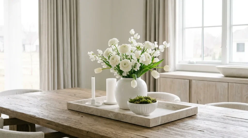 Spring tray with colorful tulips, a glass vase, candle, and simple accents