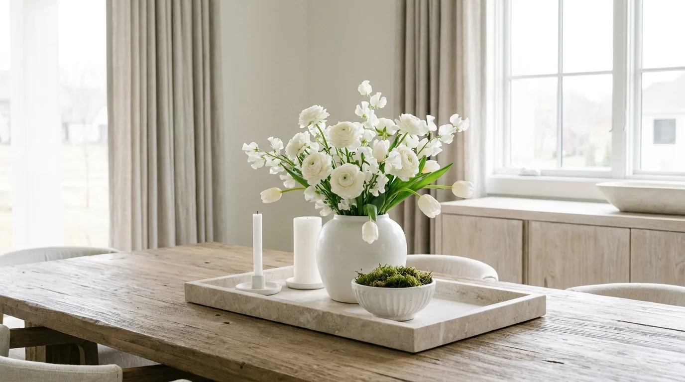 Spring tray with colorful tulips, a glass vase, candle, and simple accents