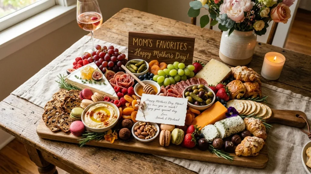 Pretty pink Mother’s Day charcuterie board with fruit, sweets, and floral accents