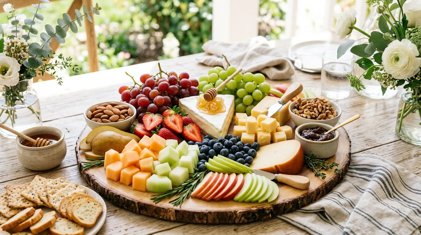 Classic party charcuterie board with cheeses, cured meats, fruit, crackers, and nuts