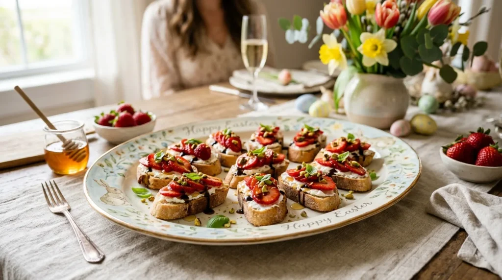 Easter deviled eggs topped with fresh herbs and paprika on a festive spring platter