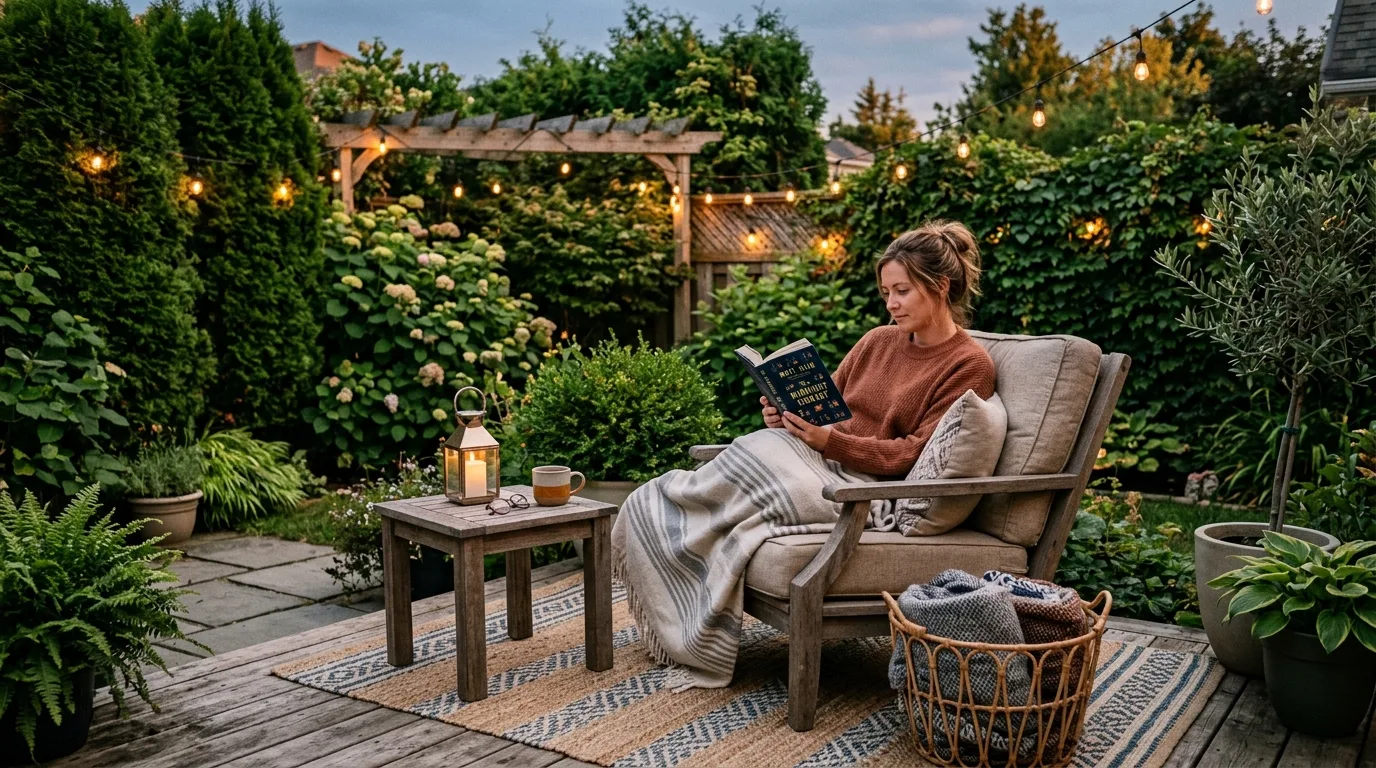 Small backyard bistro patio with compact table, two chairs, rug, plants, and string lights
