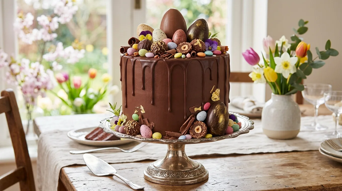 Festive carrot cake with cream cheese frosting and Easter decorations