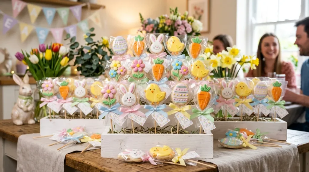Adorable pastel bunny sugar cookies decorated for Easter with colorful icing and tiny candy details