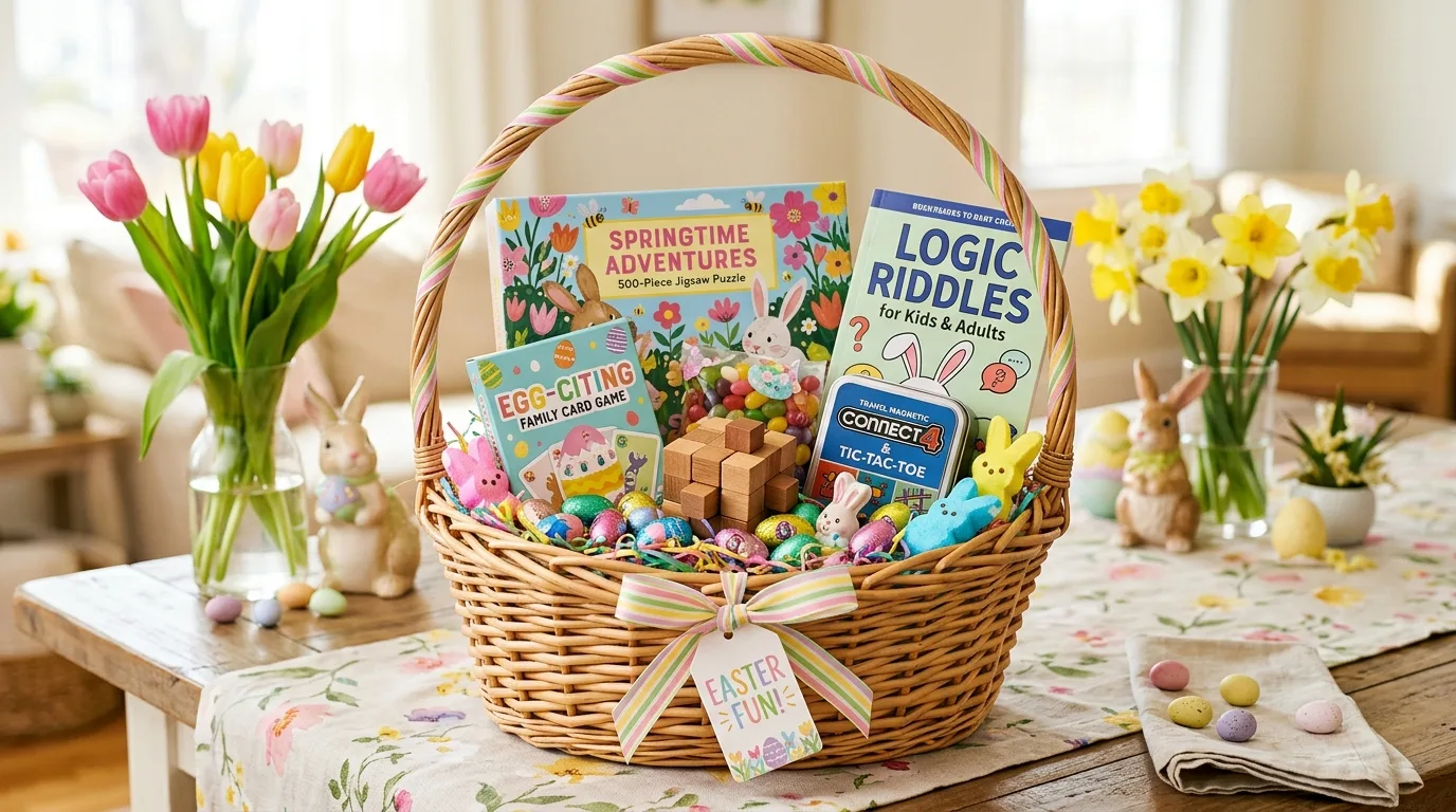 Classic Easter basket filled with colorful candy, chocolate eggs and small toys