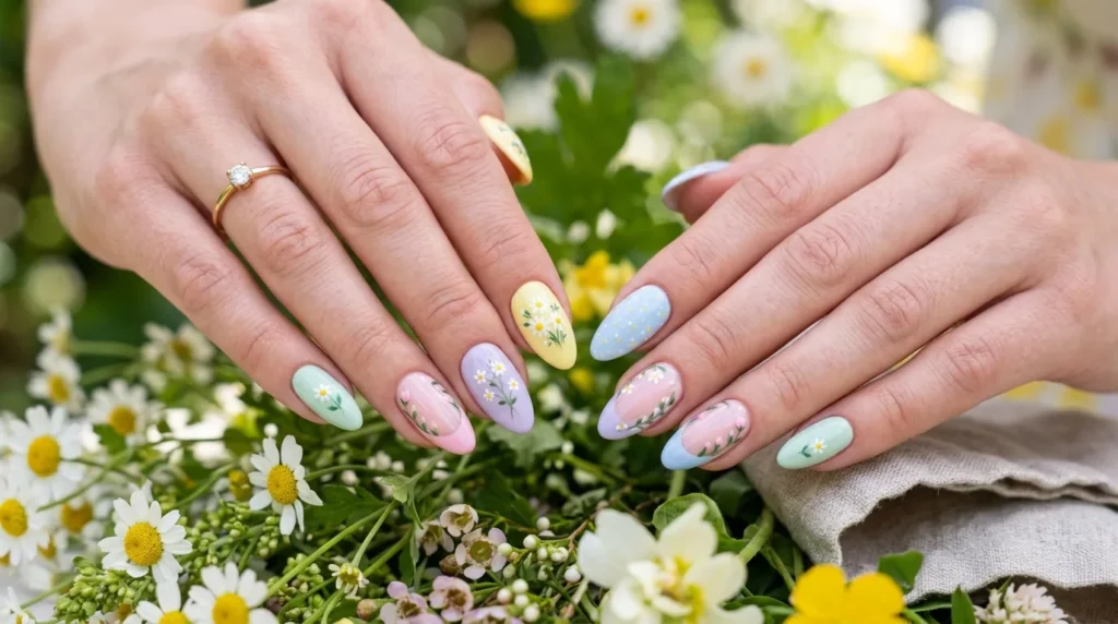 Pastel French tip nails in soft spring colors