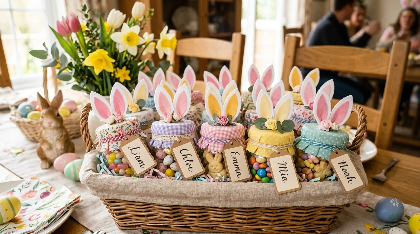 Cute DIY Easter bunny mason jar with pastel paint, bunny ears, ribbon, and candy.