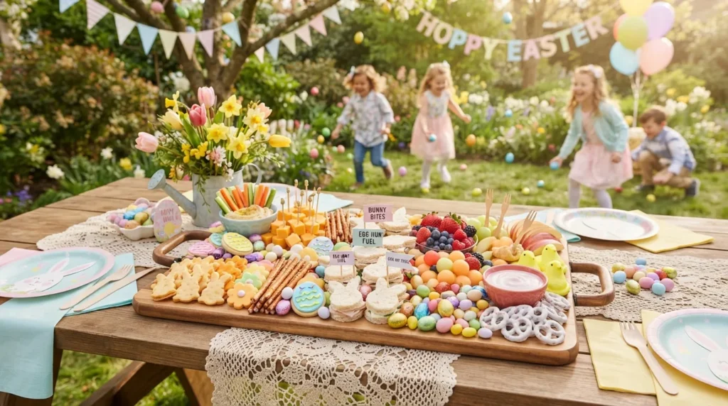 Classic Easter charcuterie board with cheese, fruit, meats and pastel eggs