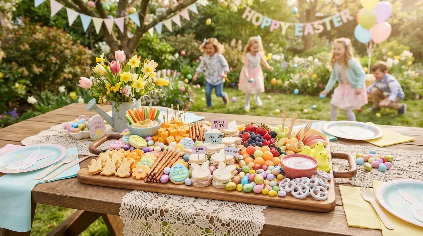 Classic Easter charcuterie board with cheese, fruit, meats and pastel eggs