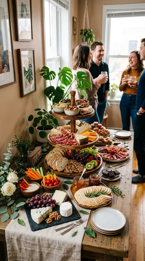 Classic charcuterie grazing table with cheeses, meats, fruit, crackers, and olives