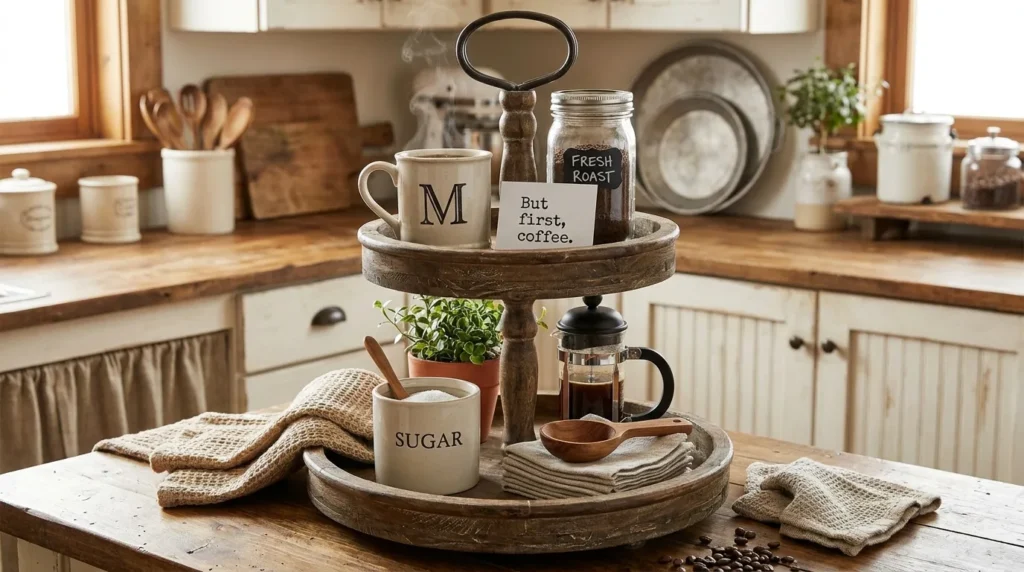Classic two-tier coffee tray styled with mugs and everyday coffee essentials on a compact kitchen counter