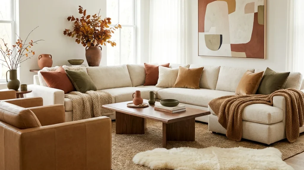 Cozy fall living room with layered knit throws, warm cushions, and natural textures