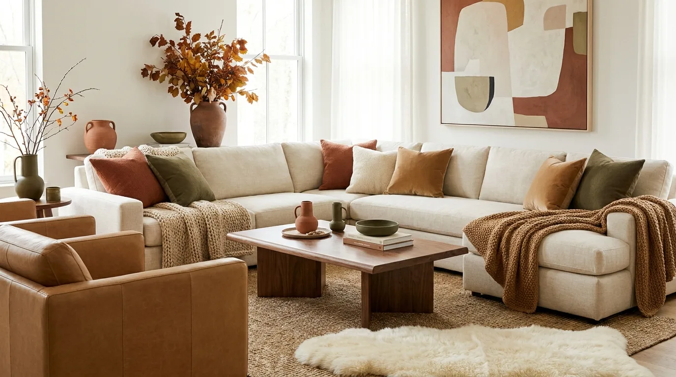 Cozy fall living room with layered knit throws, warm cushions, and natural textures